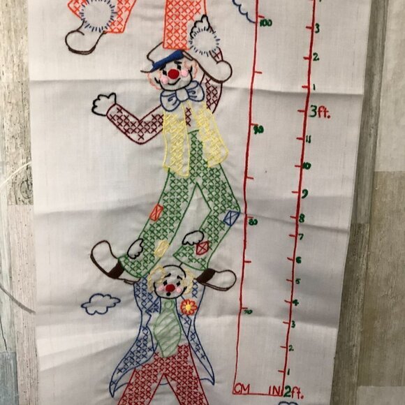 Vintage Hand-Crafted Embroidered & Cross Stitch Height Chart - Clown & Balloons - Picture 3 of 10